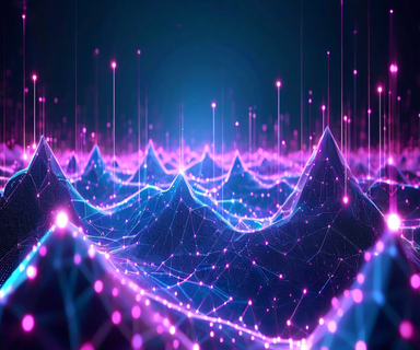 A three-dimensional visualization of an AI optimization agent navigating through a complex mathematical landscape with glowing pathways, representing black-box optimization and intelligent search through high-dimensional spaces