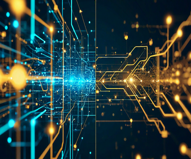 Abstract technical illustration showing the transformation from multiple scattered neural pathways representing redundant AI computation on the left, to a single optimized golden pathway with memory nodes on the right, symbolizing workflow efficiency and learned patterns in large language model agents