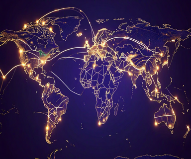 Abstract visualization of global railway networks showing 1,247 train routes as illuminated lines connecting nodes across continents, with dense clusters in Europe and long corridors across Asia against a dark background