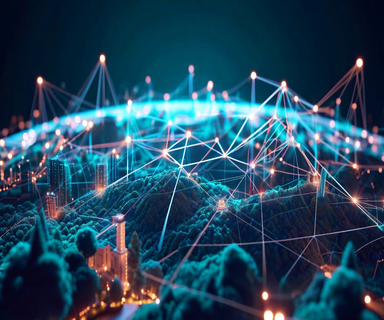 Isometric visualization of a multi-agent 3D world generation system showing interconnected nodes coordinating to build layered terrain, structures, and environmental elements with network connections between agents