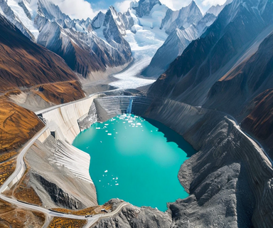 Aerial view of a turquoise glacial lake in the Himalayas held back by a moraine dam, with snow-capped peaks in the background and a vulnerable valley settlement visible downstream, illustrating glacial lake outburst flood risk