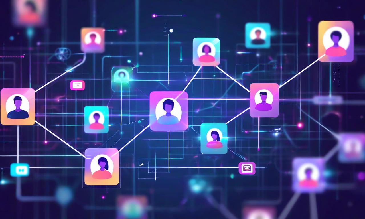 Xプラットフォームのスターターパック機能を表現したデジタルイラスト。複数のユーザープロフィールカードが同時に選択・接続される様子、キュレーションされたアカウントコレクションが発光するノードとして表示され、ネットワークパターンで相互接続されている。モダンで未来的なデザイン。