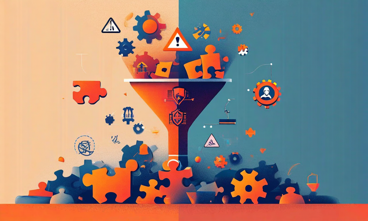 キュレーション偏見、スパム混入、多様性の欠如、ユーザー期待値のミスマッチなどのリスク要因を象徴的に表現した抽象的なビジュアライゼーション。傾いたバランススケール、警告サイン、フィルター機能、パズルピース、かみ合わないギア、保護シールドなどのメタファーを組み合わせた構成。