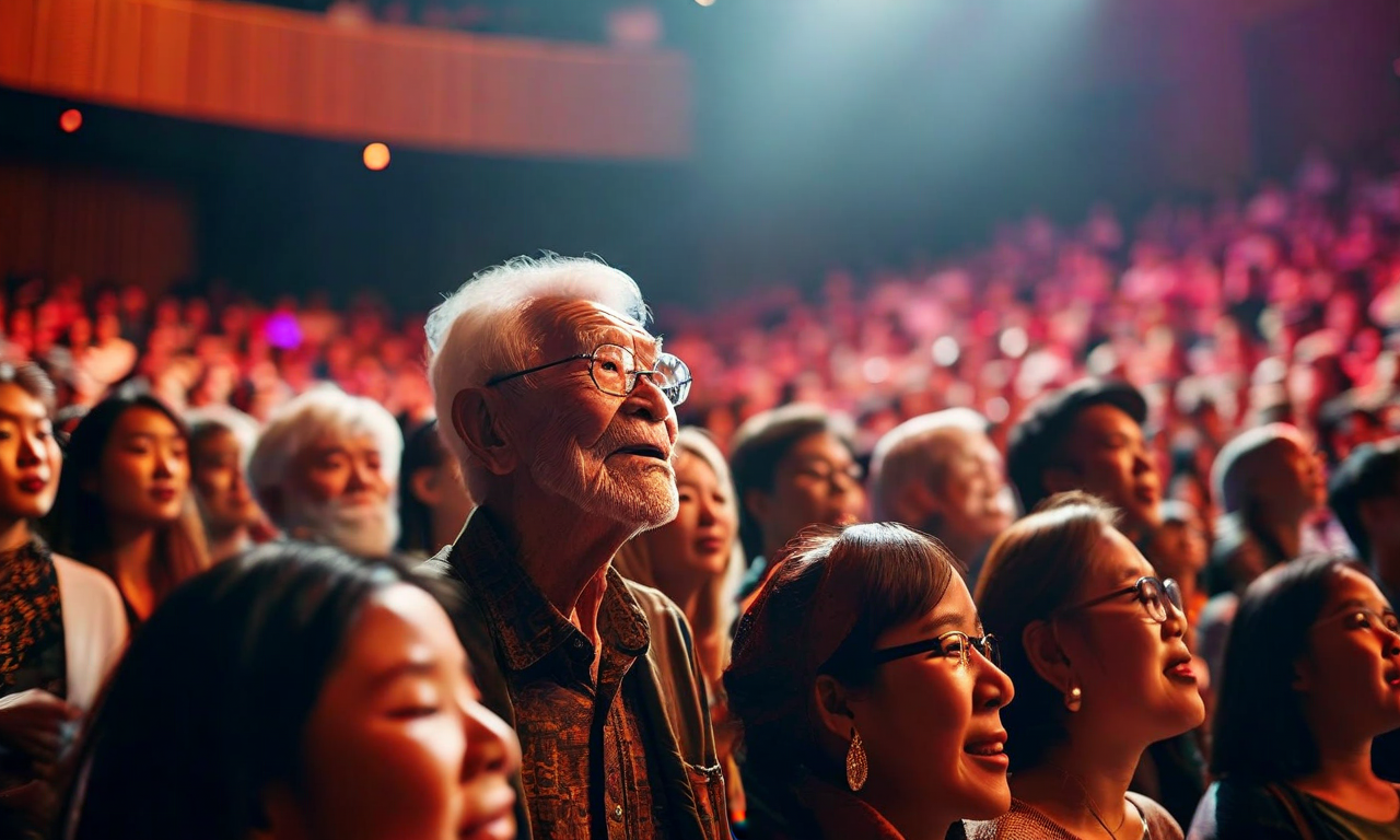 コンサート会場に集まった多様な観客層を描いた画像。長年のファンである高齢者から若い世代、中年層、家族連れまで、異なる年代、背景、ファッションスタイルを持つ人々が同じ空間で音楽を楽しんでいる。舞台からの温かい照明が観客の顔を照らし、世代を超えた音楽体験への共通の喜びと結びつきが表現されている。