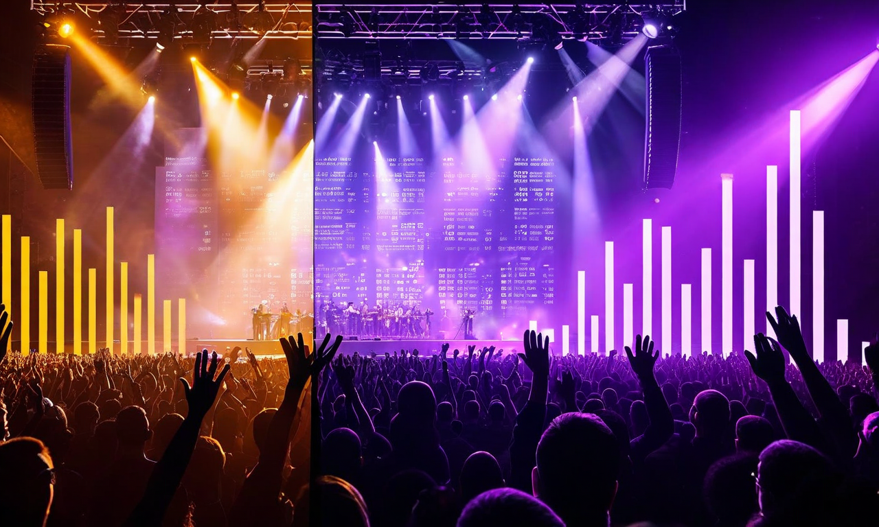 Split composition showing a concert stage with crowd silhouettes on one side and abstract financial charts and data on the other, representing the intersection of live performance success and financial comeback