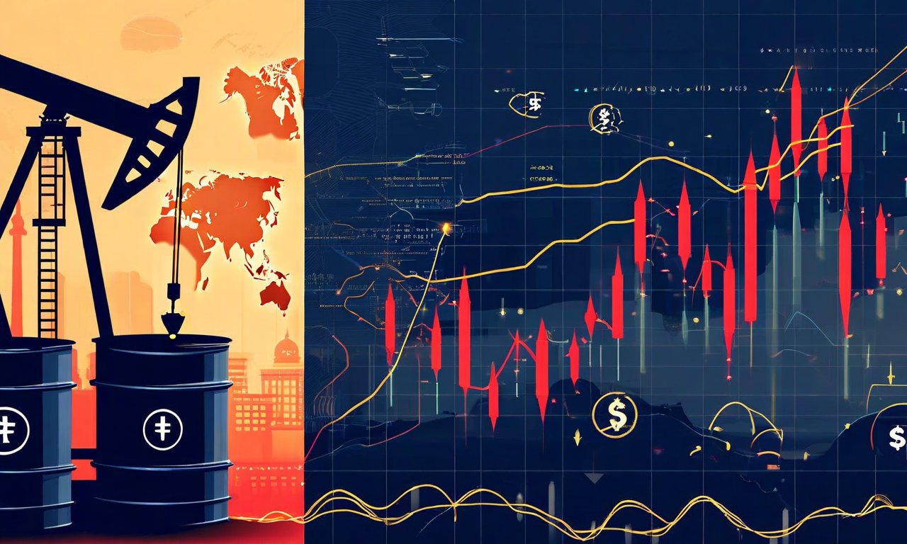 Financial illustration showing the relationship between oil barrels representing Middle East crude supply, currency symbols for Japanese yen and US dollar, and connecting trade routes, depicting how geopolitical oil market tensions impact currency exchange rates