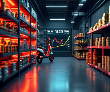Split illustration depicting quick-commerce economics with a dark store warehouse on one side and financial charts showing thin margins on the other, connected by a delivery vehicle symbol