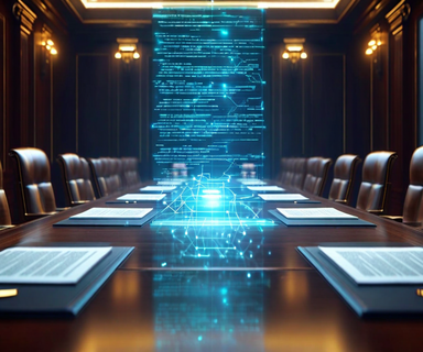 A professional composition showing legal documents on a corporate boardroom table with holographic books and AI code patterns intersecting, symbolizing the legal conflict between copyright law and artificial intelligence training data usage